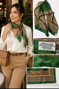 Vintage Burmel Scarf 100% Pure Silk Green Paisley Border Made in Japan 46”